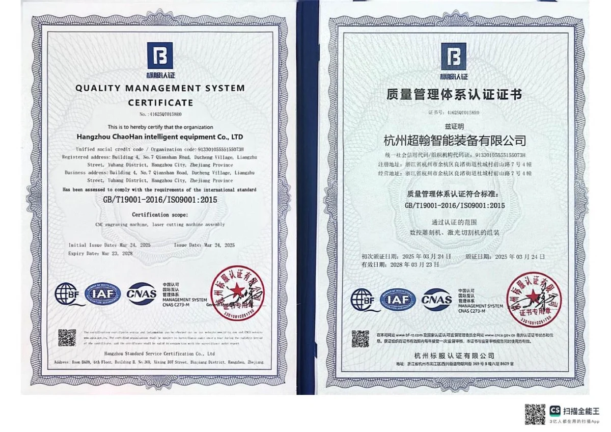 Hangzhou Chaohan MNT MEINAITE ISO 9001 quality management system certificate 2025