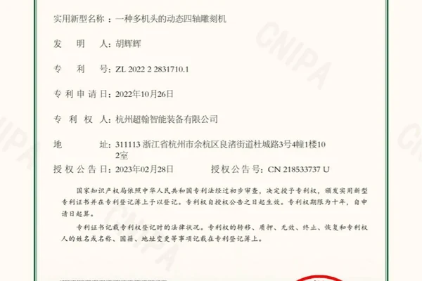 MNT MEINAITE multi-head four-axis CNC engraving machine utility model patent certificate