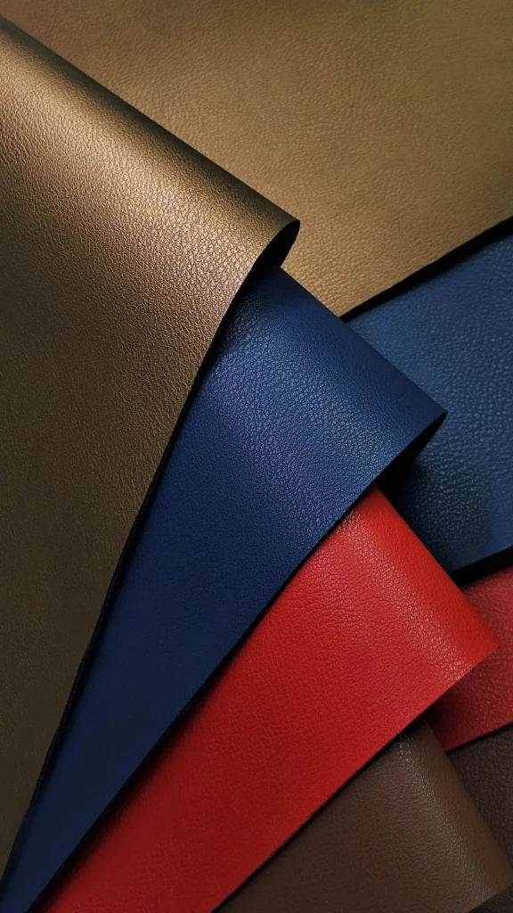 Stack of multi-color PVC synthetic (faux) leather sheets with fine pebble-grain finish