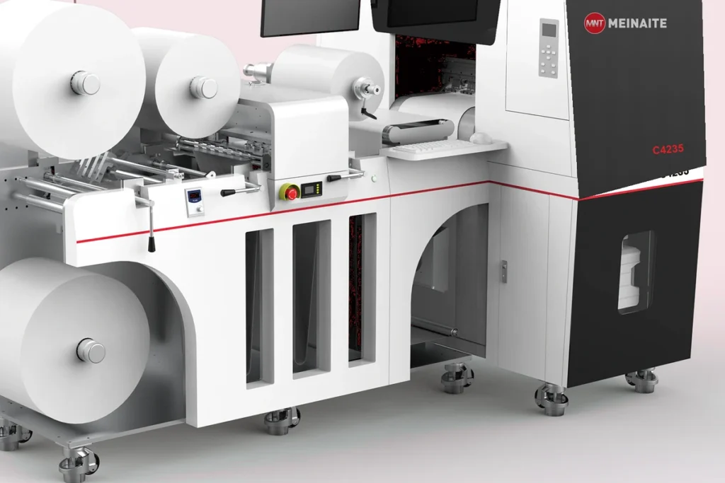 MNT C4235 digital label printing and finishing system showing printing, laminating, slitting and rewinding modules