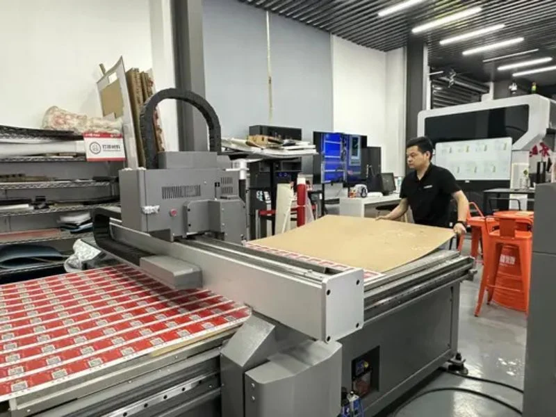 Workflow diagram showing die-less cutter for sampling and die-cutting for mass production