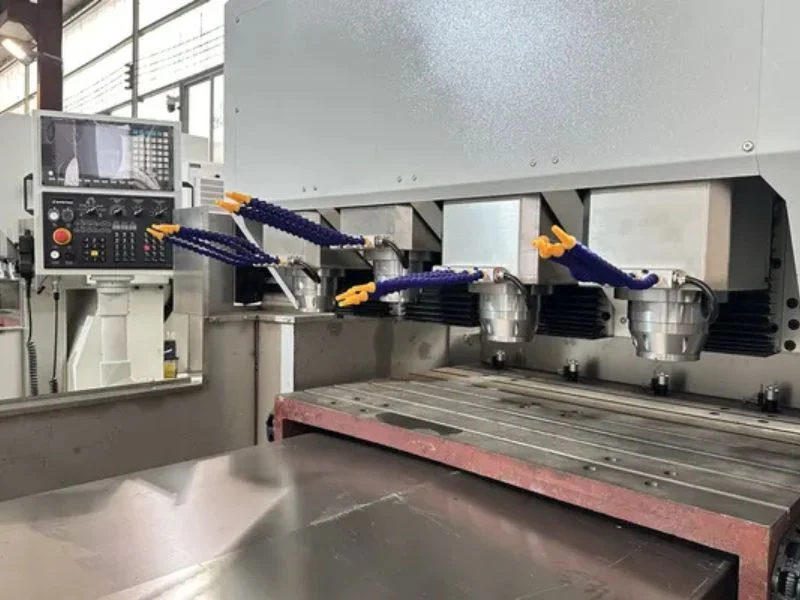Diagram showing a three-axis CNC router with a fixed vertical tool approaching a curved surface, resulting in a beveled edge