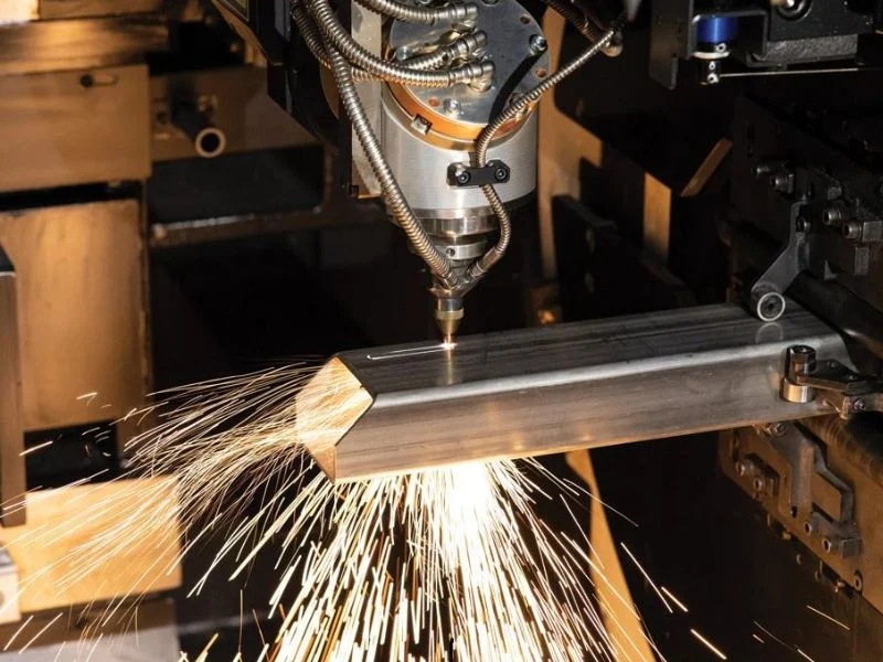 Close‑up of laser cutting head for metal tube processing