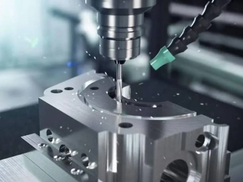 End mill cutting an aluminium block with coolant directed at the cutting edge