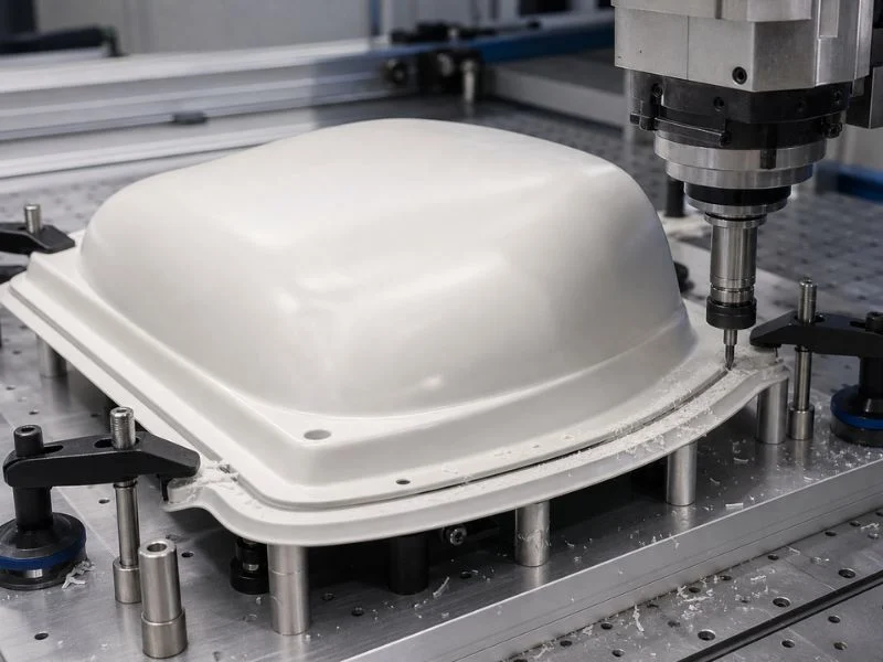 Thermoformed cover flange trimmed on a five axis machine