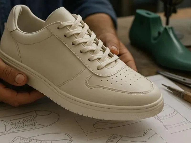 Nested shoe upper parts labelled per size run for the closing room on the MNT cutting table