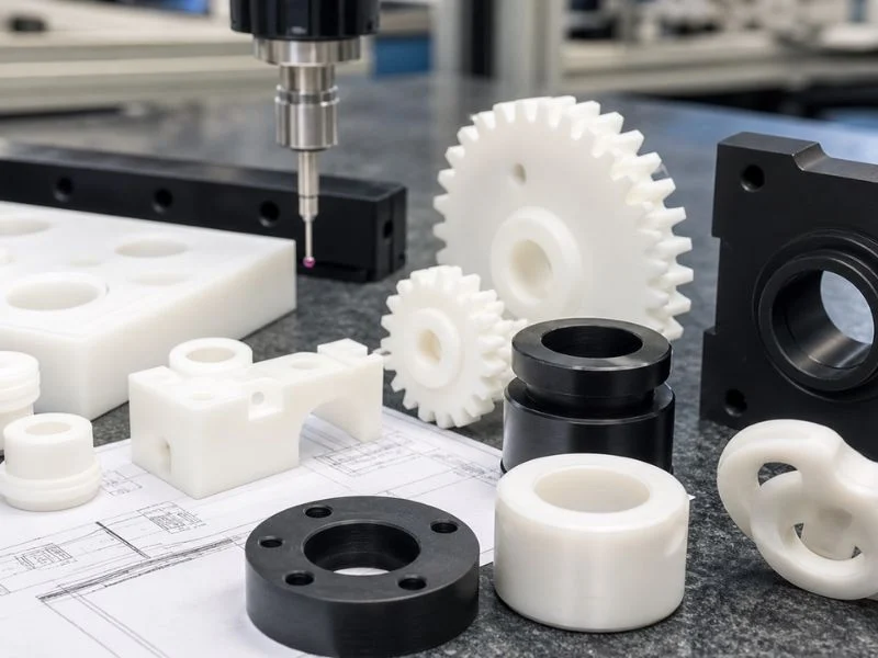 Machined acetal spur gears and sleeve bearings on an inspection bench