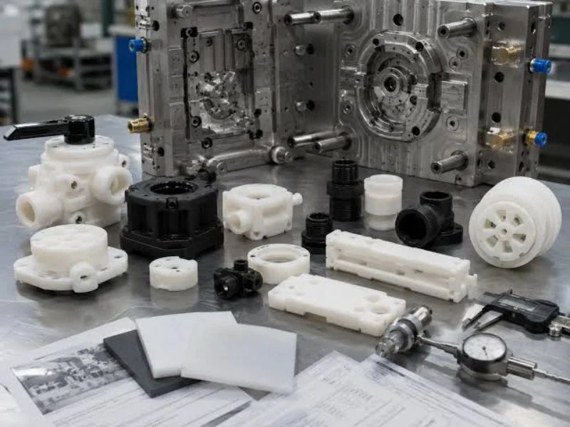 Machined acetal part being gauged with a micrometer at room temperature