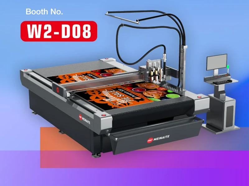 MNT MEINAITE digital cutting machine cutting a printed poster, shown with SIGN CHINA 2026 booth number W2-D08