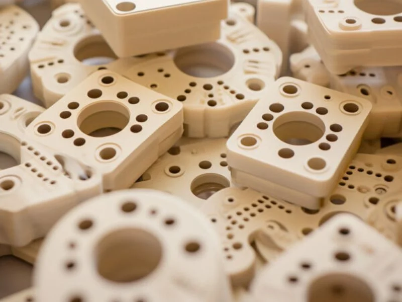 Machined PEEK parts in an annealing oven between roughing and finishing