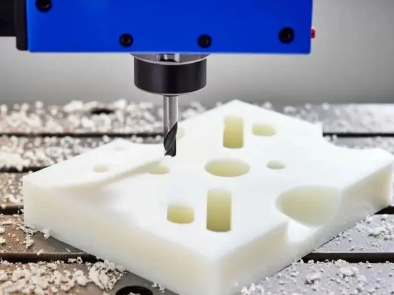 Machined UHMW sample part lying flat on a surface table after cutting