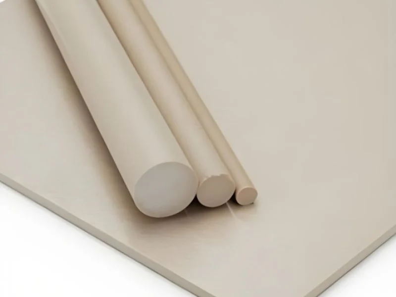 Natural beige virgin PEEK rod and plate stock before machining