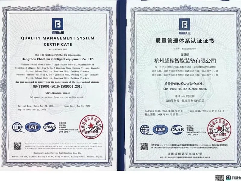 Hangzhou Chaohan MNT MEINAITE ISO 9001 quality management system certificate 2025