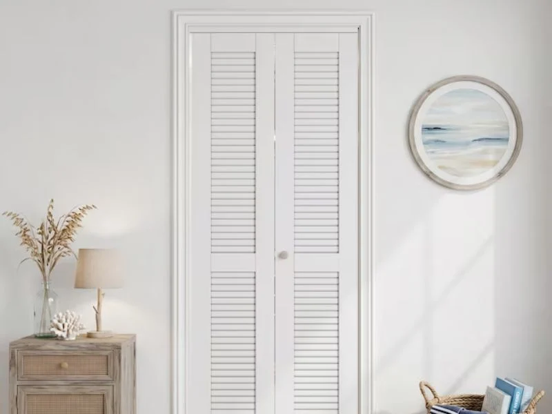 Door leaf with glass lite, louvre and lockset cut-outs